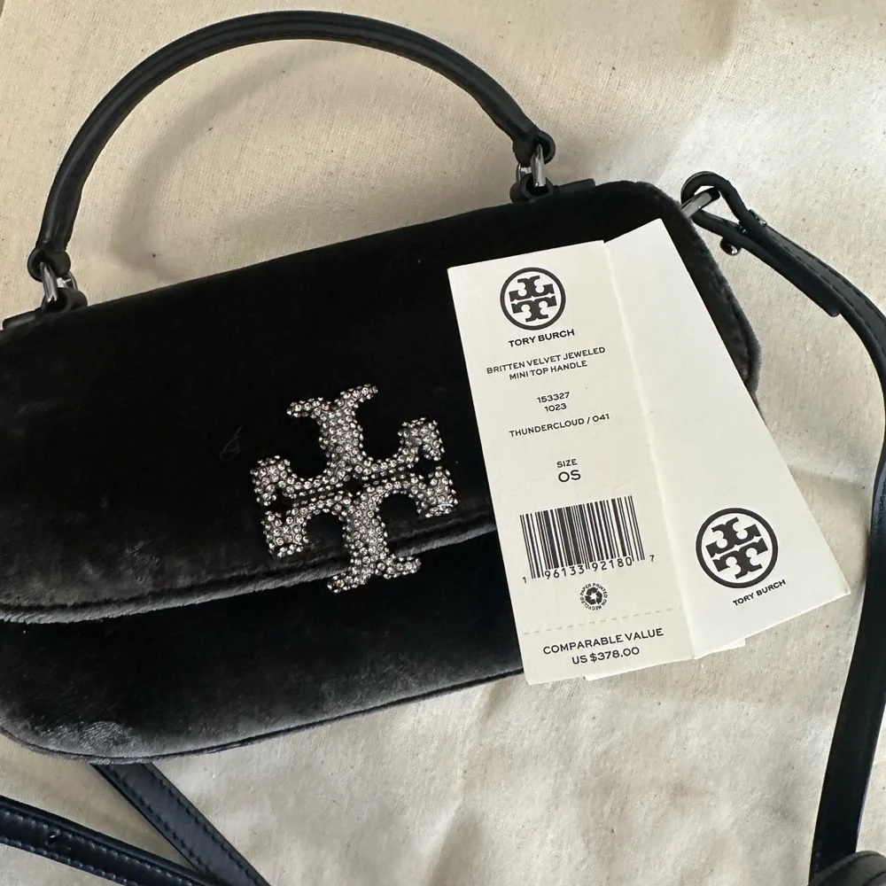 Tory Burch New Tory Burch BRITTEN VELVET JEWELED MINI TOP HANDLE  THUNDERCLOUD /